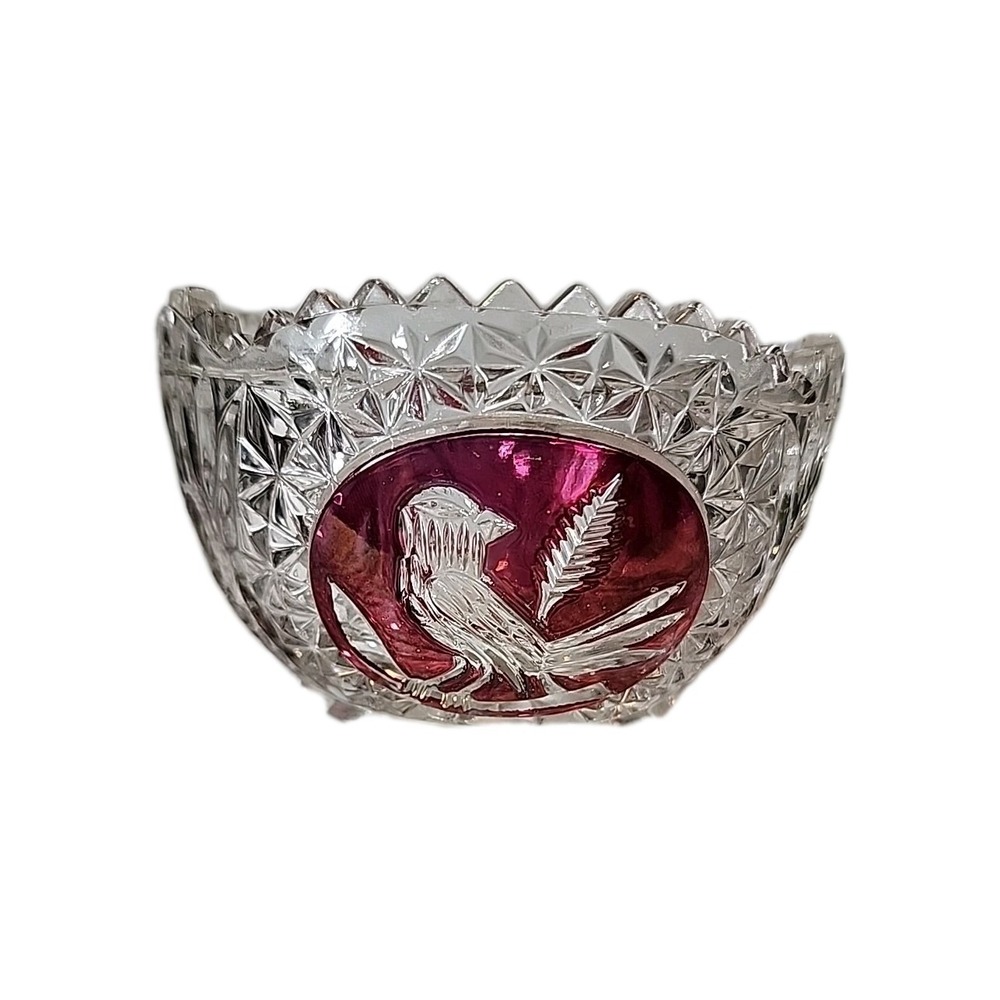 Hofbauer Collection Byrdes Bird Ruby Red Lead Crystal 4" Footed Dish